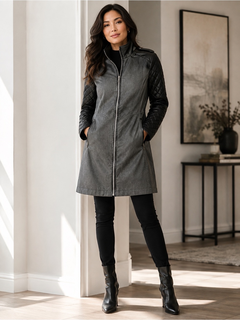 Quilted Sleeve Moto Parka – Grey & Black Contrast Fall Coat- Bundle & Save